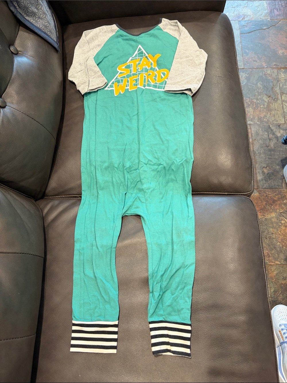 Rags to Raches Teal and Gray 'Stay Weird' Raglan One-Piece